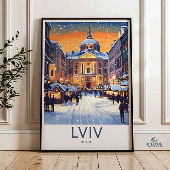Lviv Ukraine Snowy Christmas Market Winter Evening Travel Poster