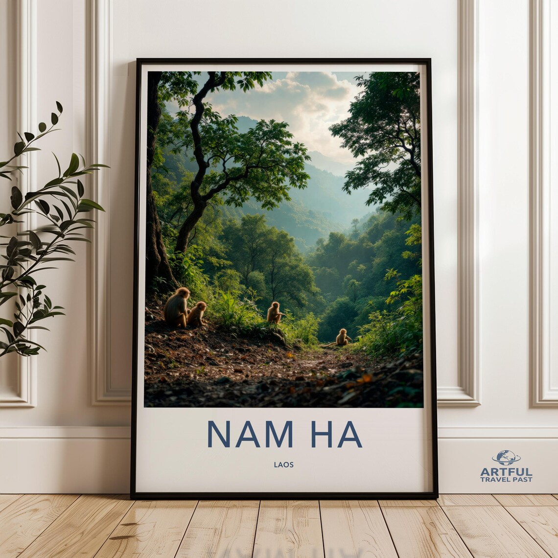 Nam Ha Laos Vintage Travel Poster Monkeys in Jungle Valley Scene