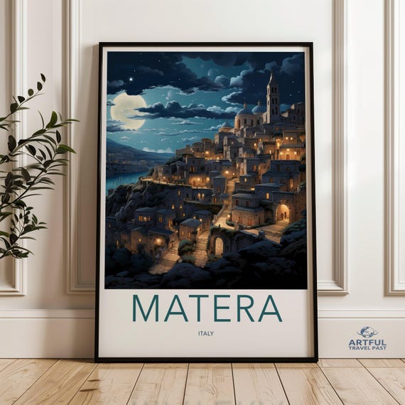 Matera Italy Wall Art Night Scene Print Italian Cityscape Decor Moonlit Town Artwork European Landscape Poster