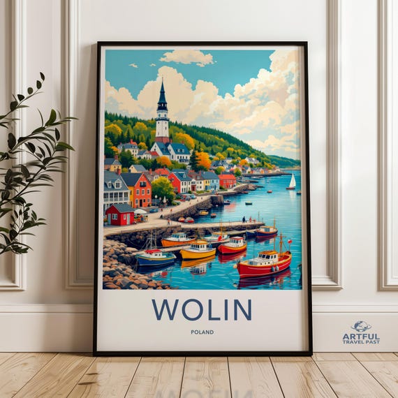 Coastal Village Scene Wall Art Colorful Boat Harbor Print Scenic Waterfront Decor Maritime Landscape Illustration Vibrant Poster