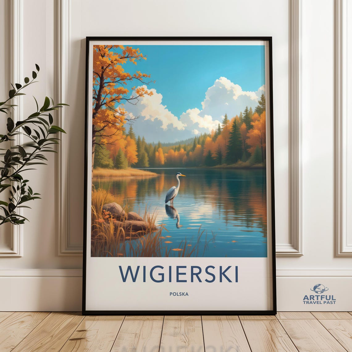 Wigierski Poland Autumn Lake Scene Heron Forest Reflection Poster