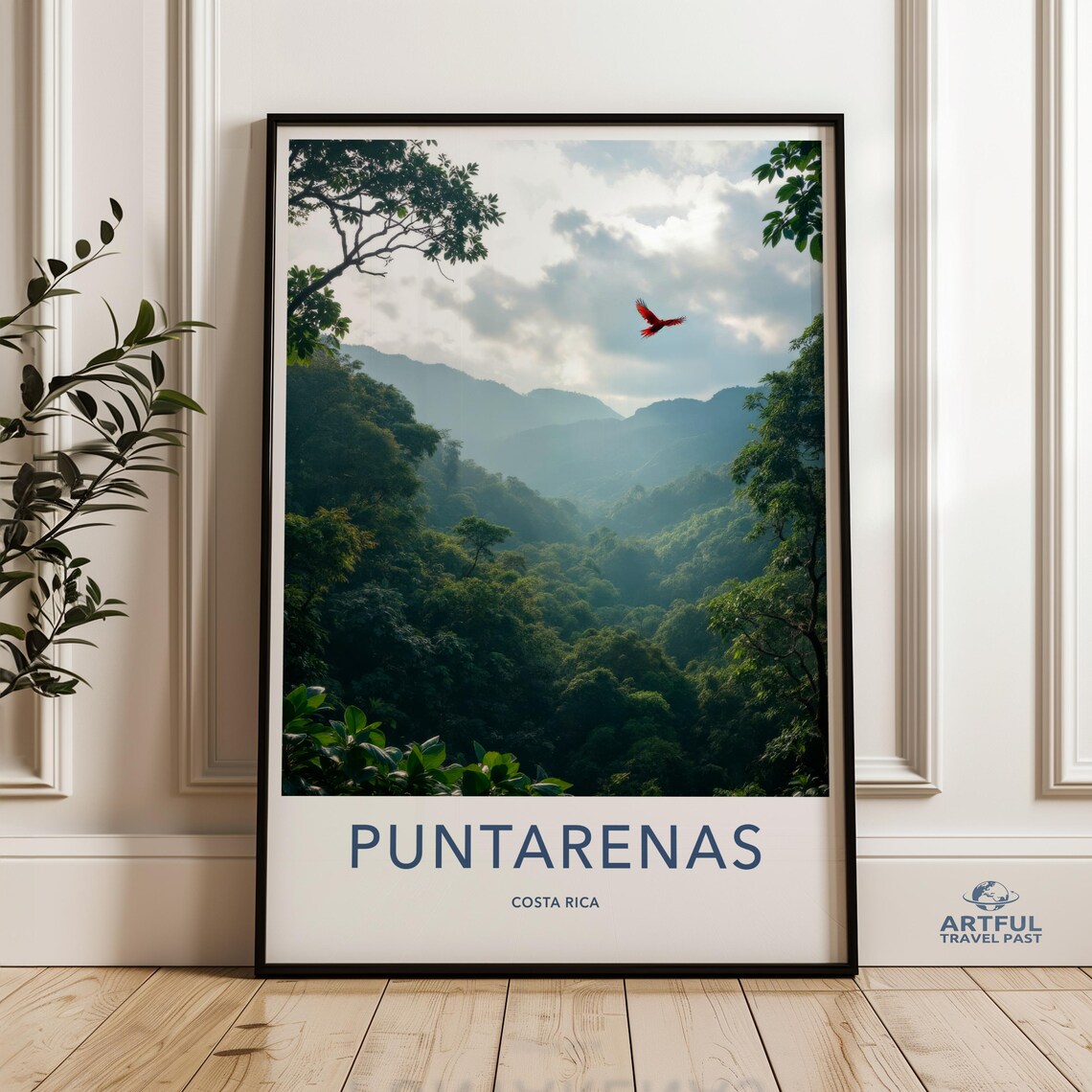 Puntarenas Poster Costa Rica Travel Print Nature Wall Art Red Bird Photography Tropical Paradise Decor Vintage Landscape