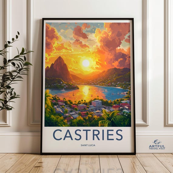 Castries Saint Lucia Sunset Wall Art Vibrant Caribbean Landscape Print Tropical Seaside Decor Stunning Coastal Home