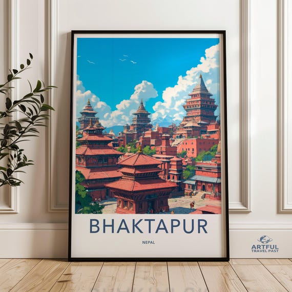 Vintage Bhaktapur Nepal Travel Poster Wall Art Print Nepalese Cityscape Decor Architecture Illustration