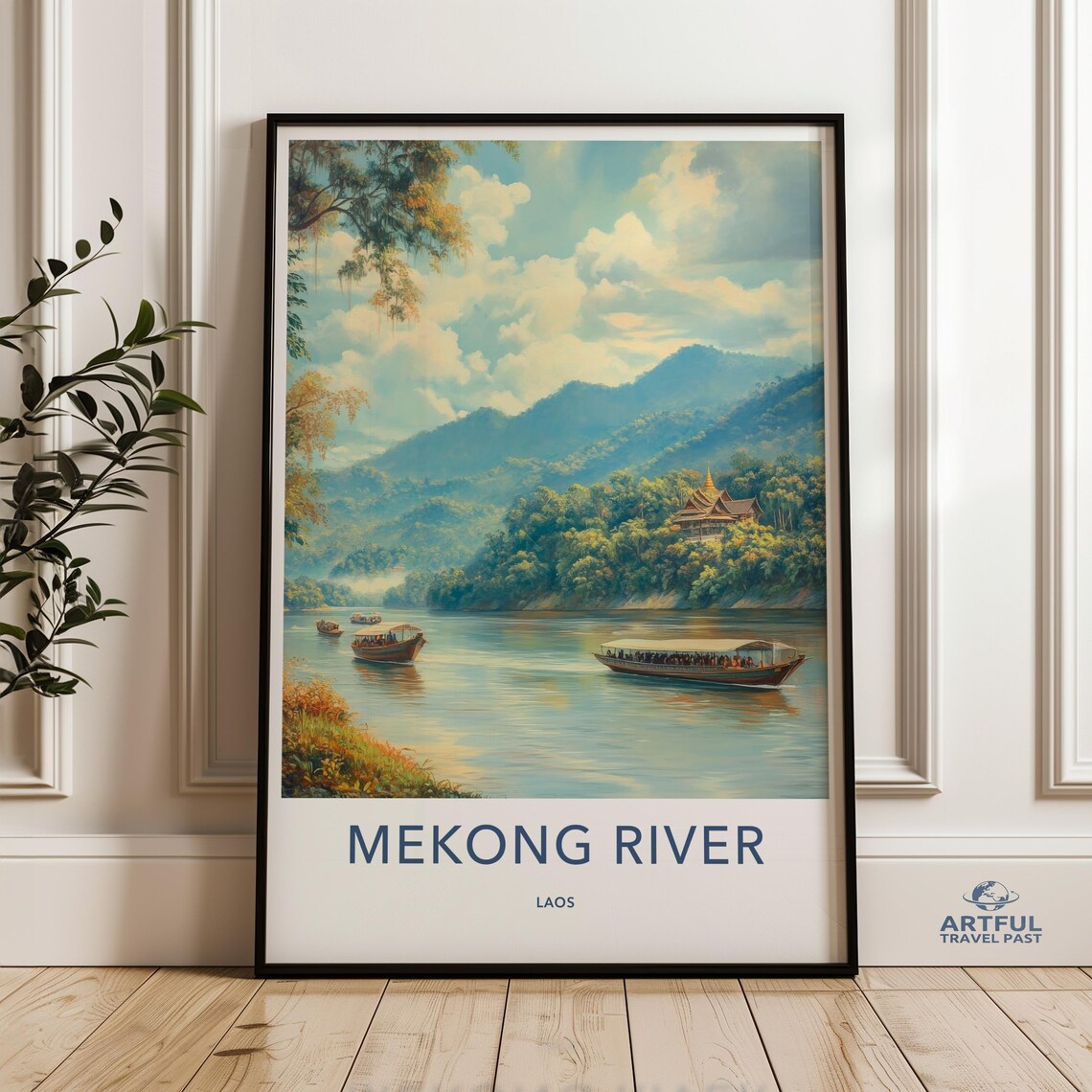 Mekong River Laos Boats Golden Temple Mountains Travel Poster