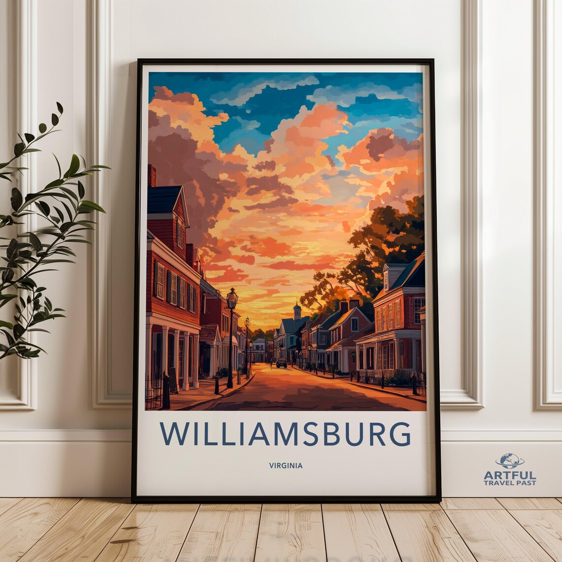 Williamsburg Virginia Travel Poster Golden Sunset Colonial Street Art