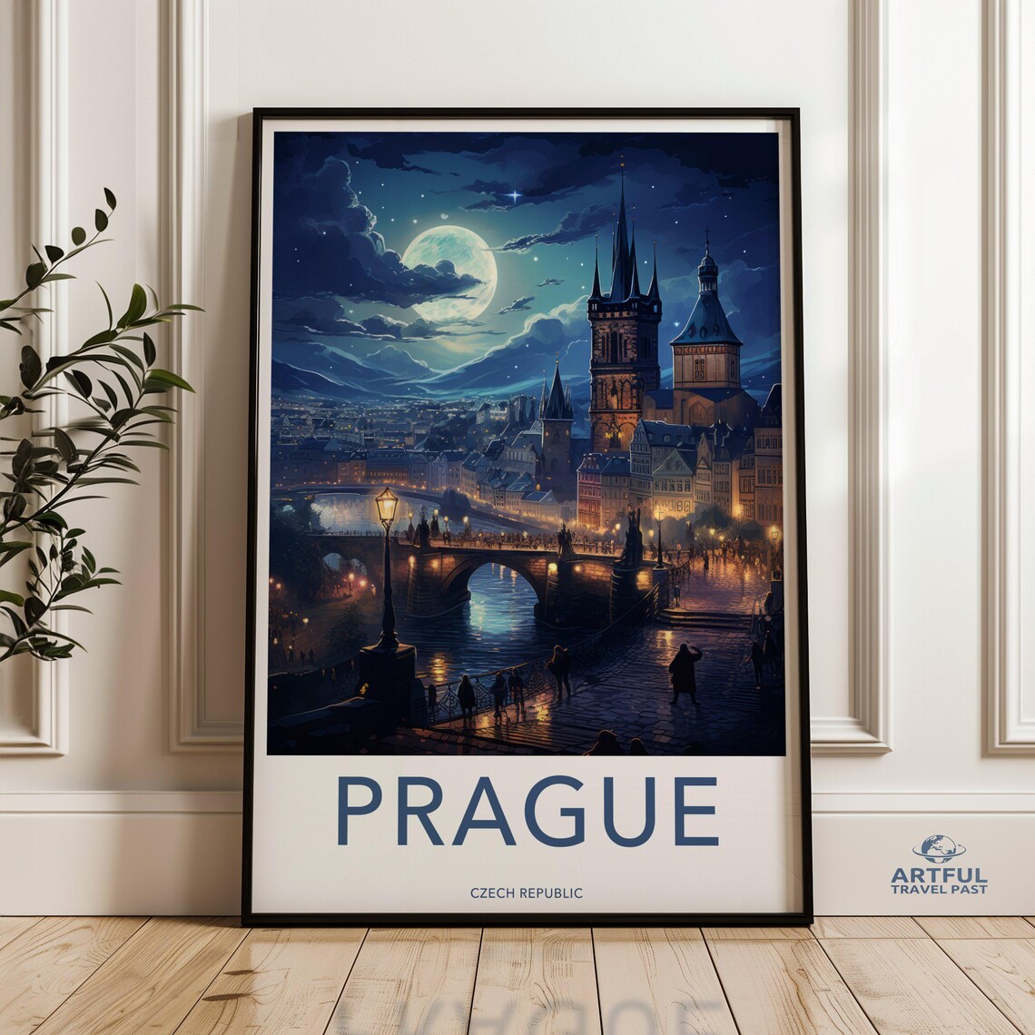 Prague Czech Republic Moonlit Charles Bridge Night Travel Poster