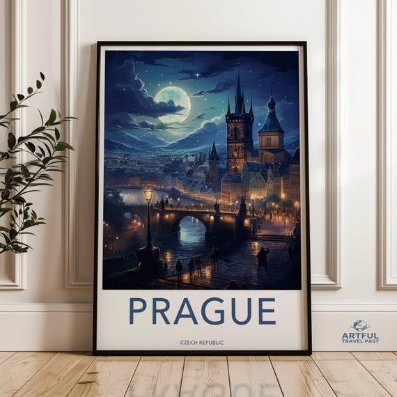 Prague Wall Art Nighttime Cityscape Print Deco Poster Gothic Architecture Home Decor European Travel Illuminated Skyline