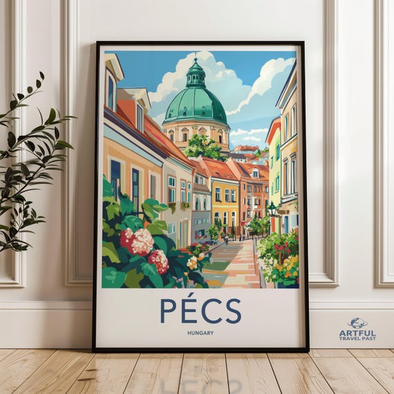 Pecs Hungary Wall Art Colorful Cityscape Print Travel Poster European Architecture Decor Vibrant Street Scene Artwork