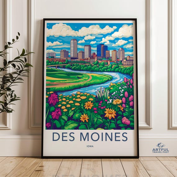 Des Moines Wall Art Iowa Cityscape Print Colorful City Skyline Vibrant Decor Detailed Urban Landscape