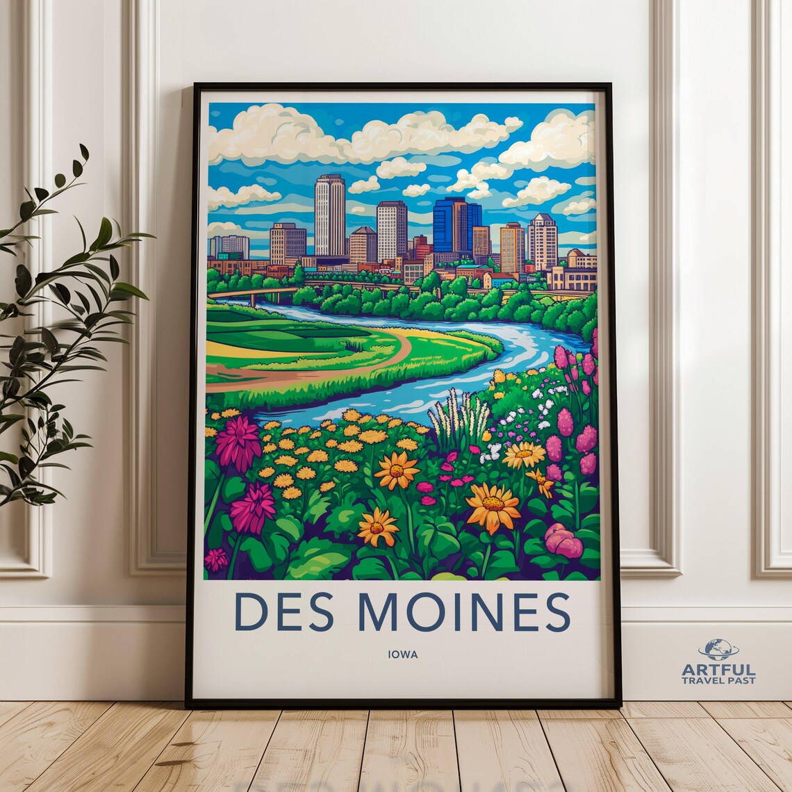 Des Moines Iowa Skyline Pop Art Travel Poster Colorful River Cityscape