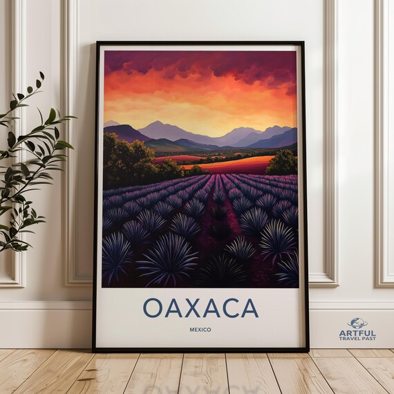 Oaxaca Mexico Sunset Agave Field Colorful Vintage Travel Poster