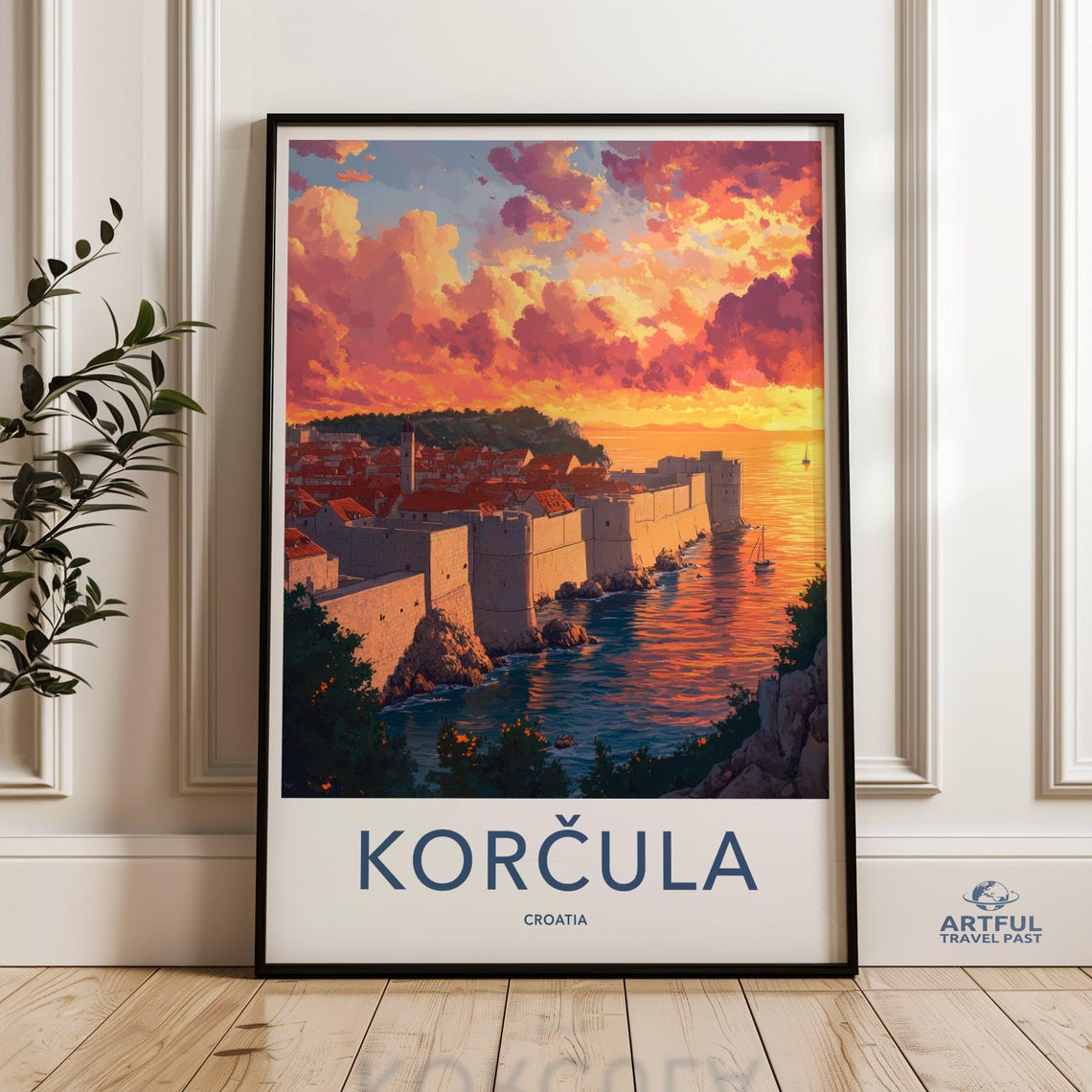 Korčula Croatia Coastal Sunset Walled Old Town Travel Poster