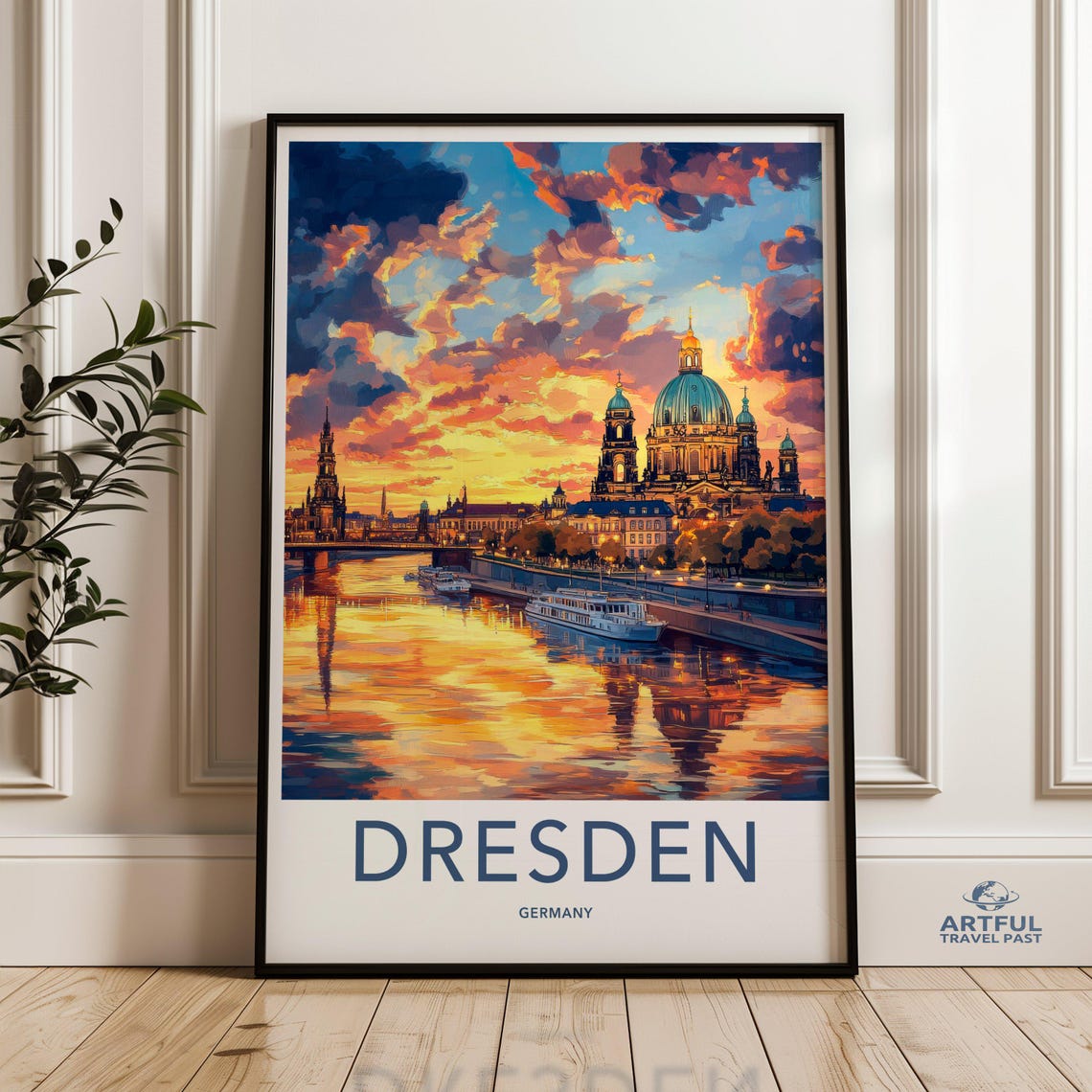 Dresden Germany Frauenkirche Sunset Skyline Vintage Travel Poster