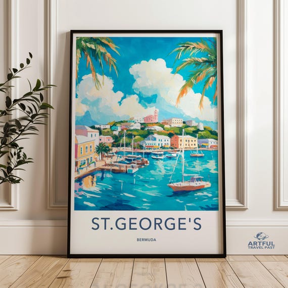 St Georges Bermuda Wall Art Colorful Coastal Town Painting Tropical Island Decor Nautical Harbor Scene Caribbean Travel Poster