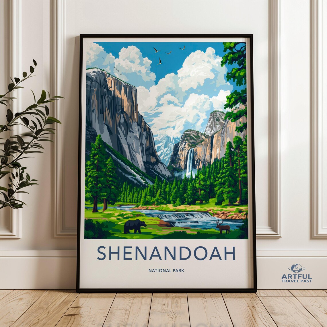 Shenandoah National Park Travel Poster Waterfall Cliffs Bear Wildlife Artwork