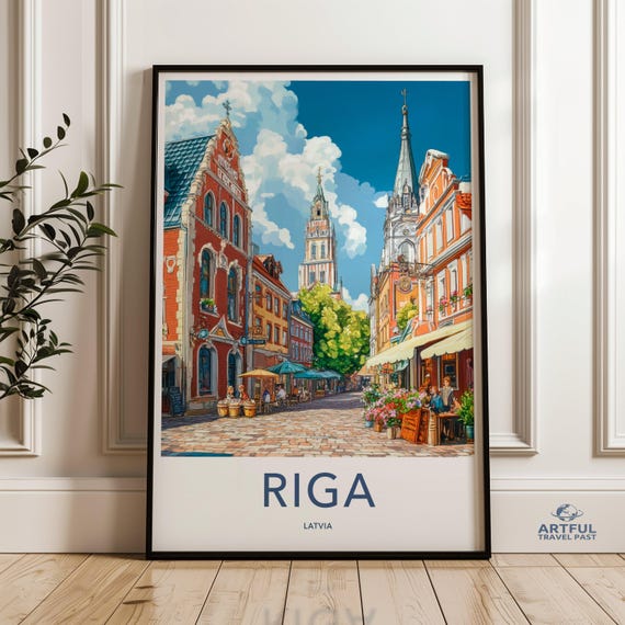 Riga Latvia Wall Art European Cityscape Print Travel Poster Architecture Artwork Old Town Illustration Urban Landscape Cathedral