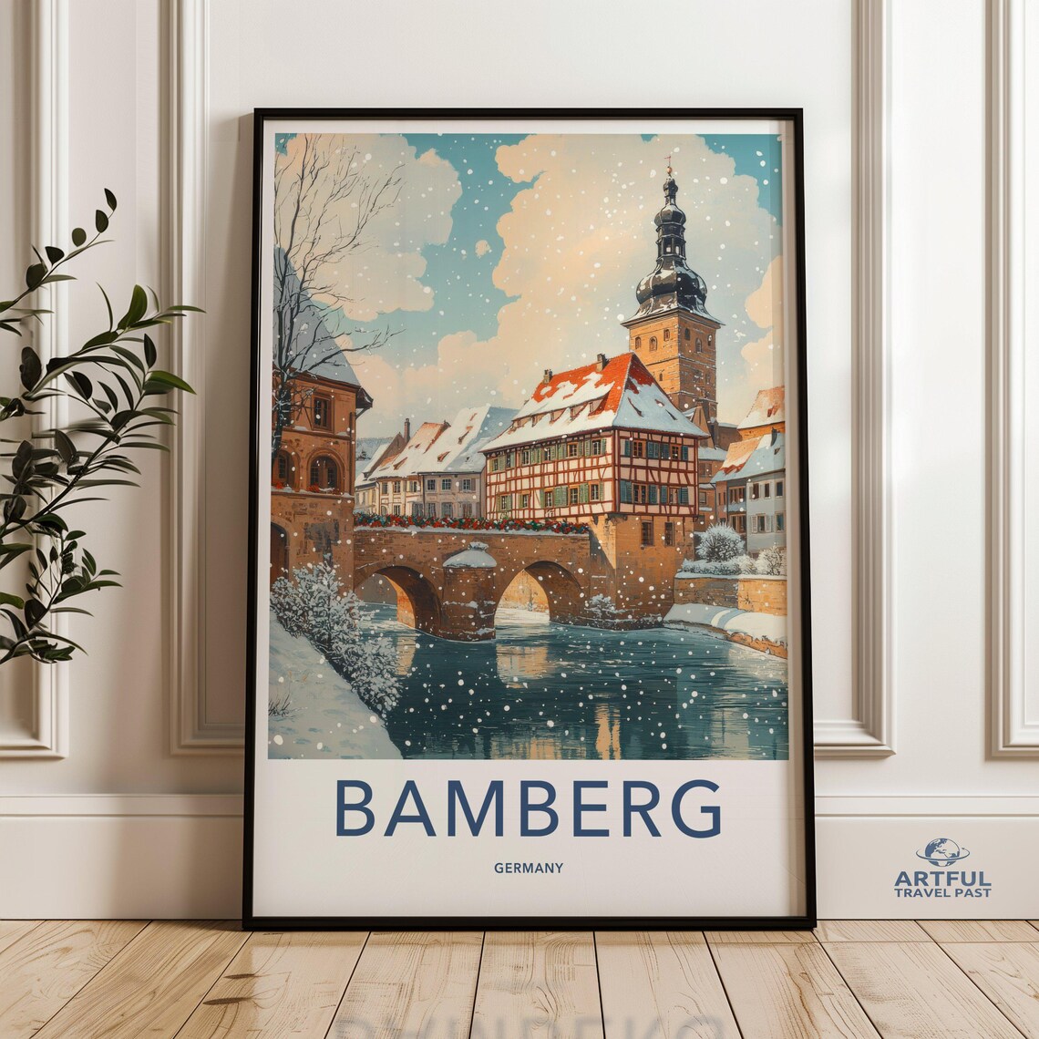 Bamberg Germany Snowy Winter Church Bridge Old Town Travel Poster