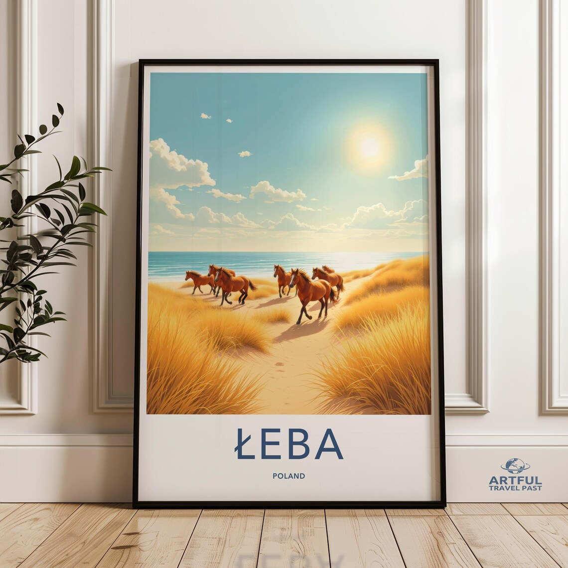Leba Poland Wild Horses Beach Golden Dunes Sunset Travel Poster