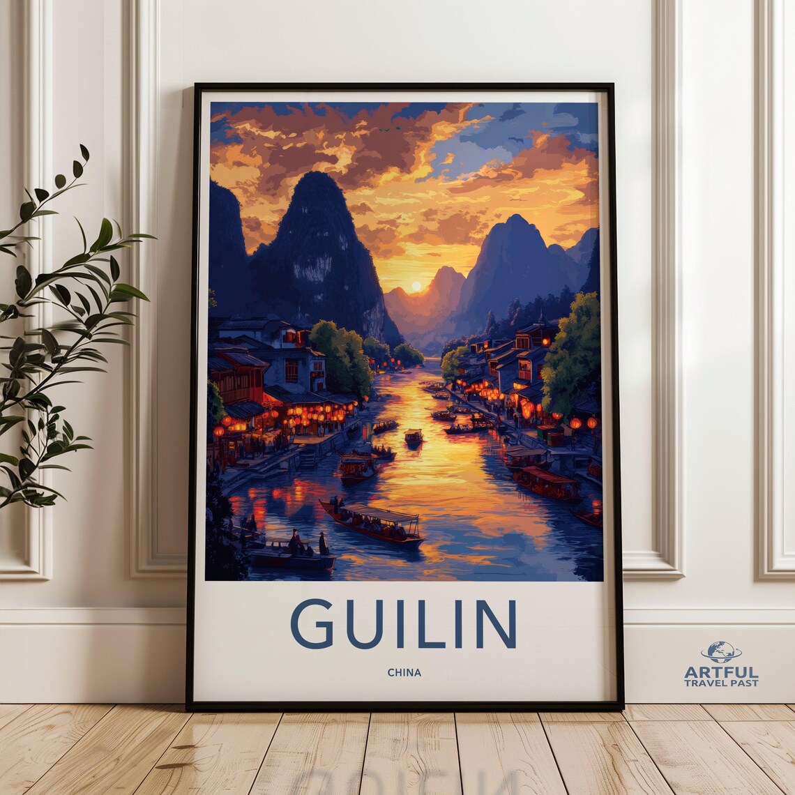 Guilin China Sunset River Boats Lanterns Karst Peaks Travel Poster