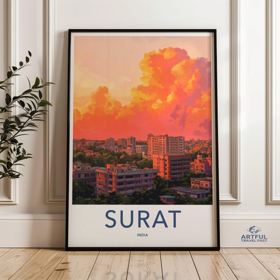 Surat Cityscape Print India Travel Poster Sunset Wall Art Urban Landscape Vibrant City View Modern Home Decor