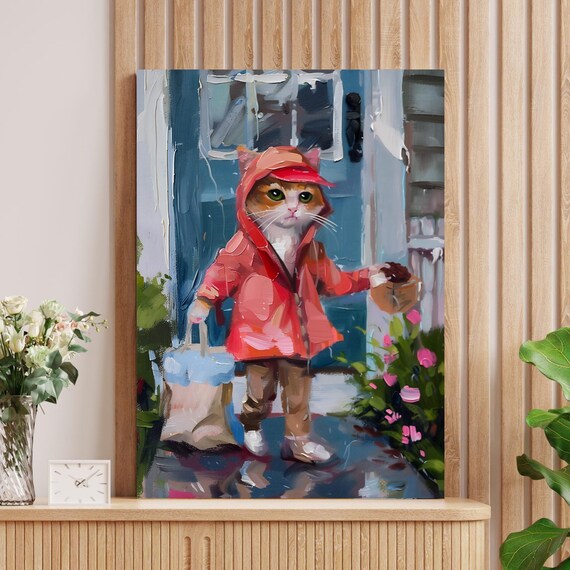 Cat in a Red Raincoat With Shopping Bags on a Rainy Day Poster