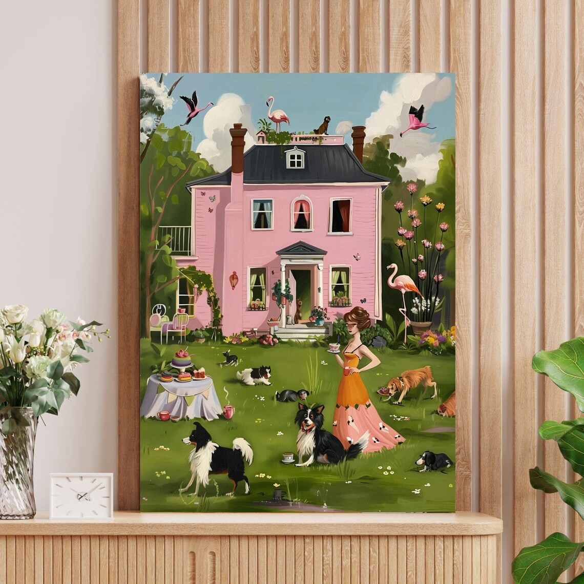 Dog Tea Party on the Lawn of a Pink House With Flamingos Poster