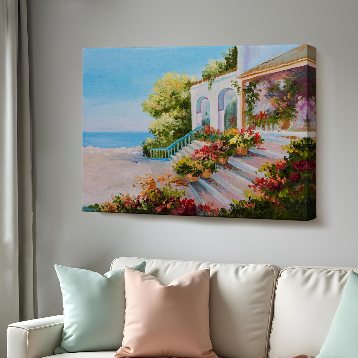 Mediterranean Sea Terrace Villa Flower Staircase Coastal View Poster