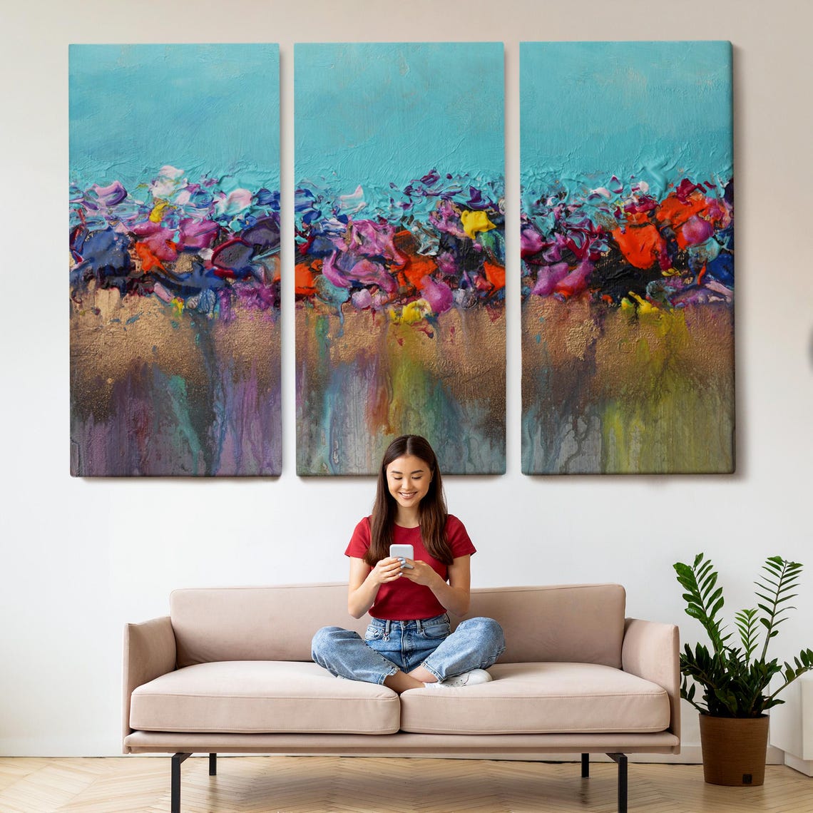 Vibrant Abstract Acrylic Flowing Colors Turquoise Gold Art Poster - Image 2