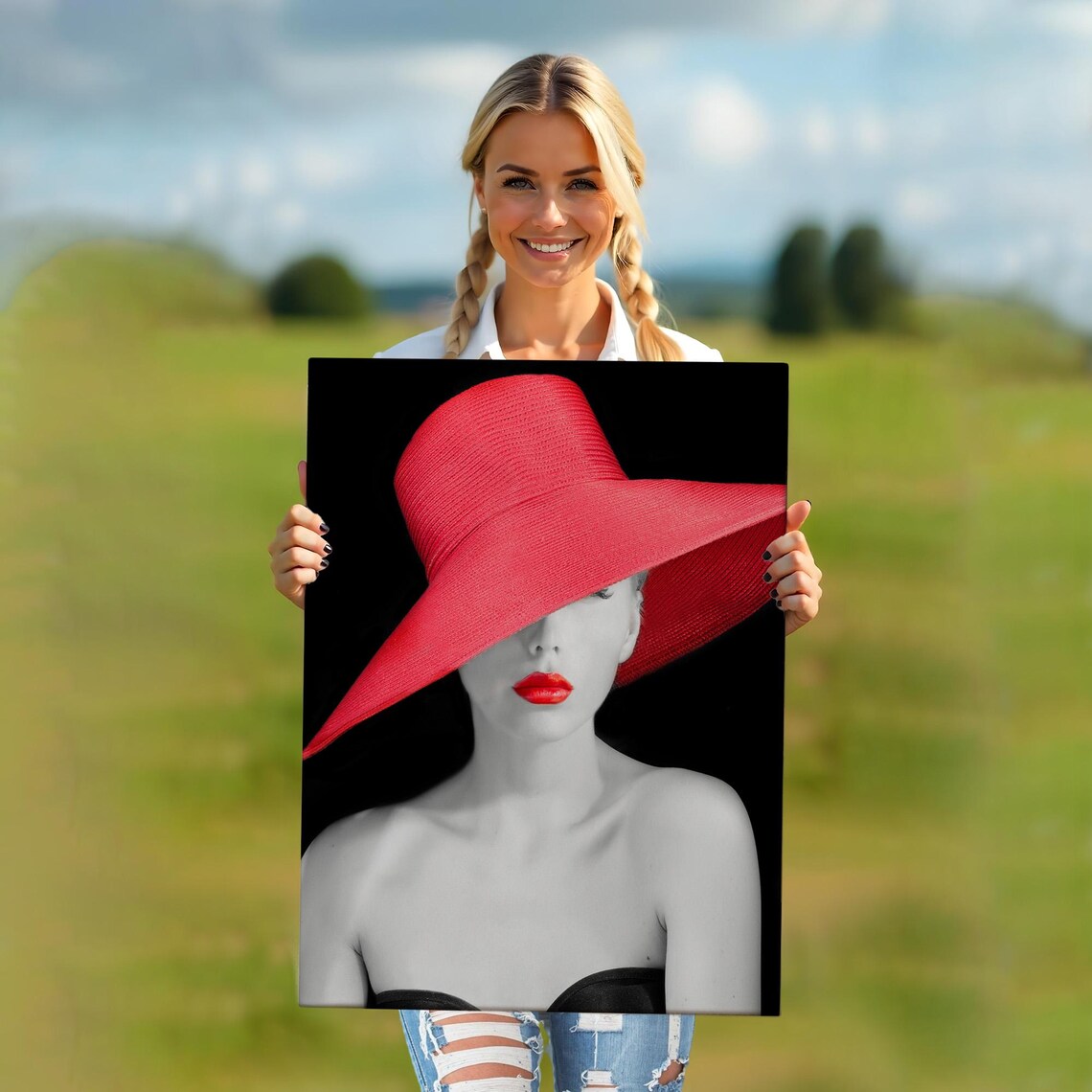 Woman Red Sun Hat Red Lips Black White Fashion Photography Wall Art Poster - Image 5