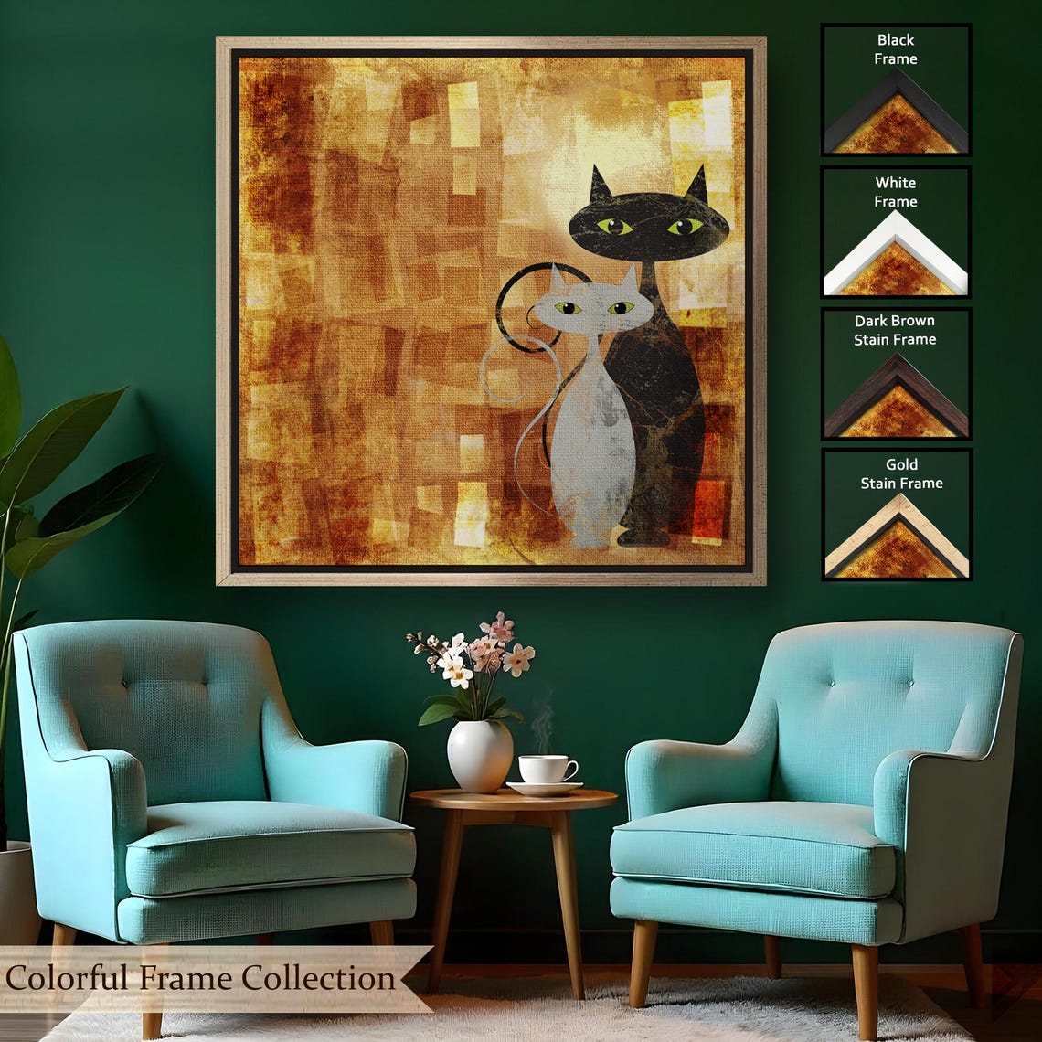 Black And White Cats Modern Abstract Amber Gold Background Wall Art - Image 2