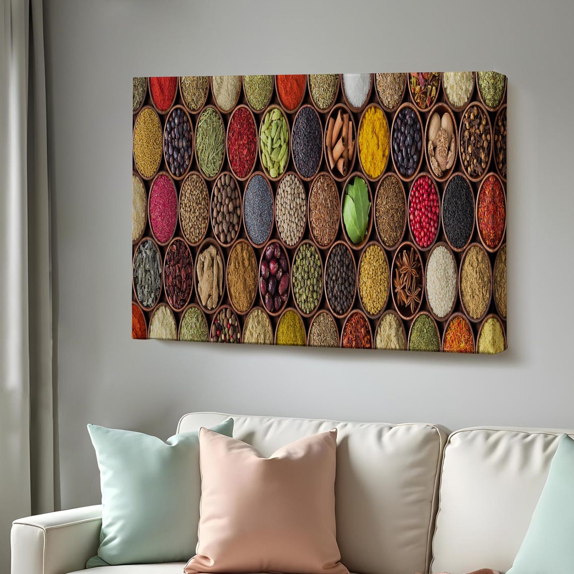 Assorted Spices Wooden Bowls Grid Pattern Kitchen Decor Wall Art