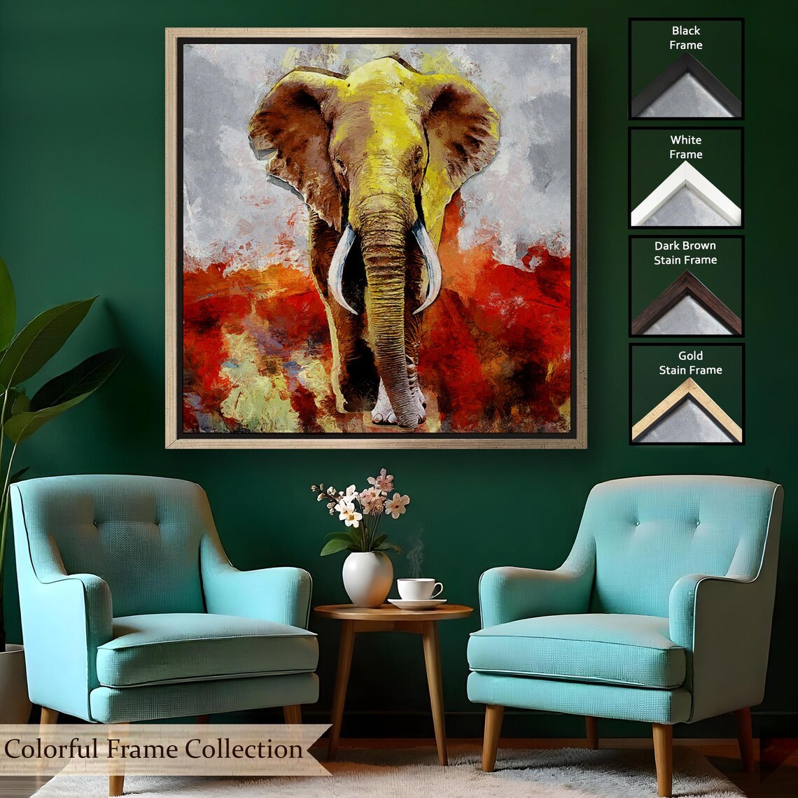 Golden Elephant Front View Red Abstract Background Animal Art Poster - Image 2