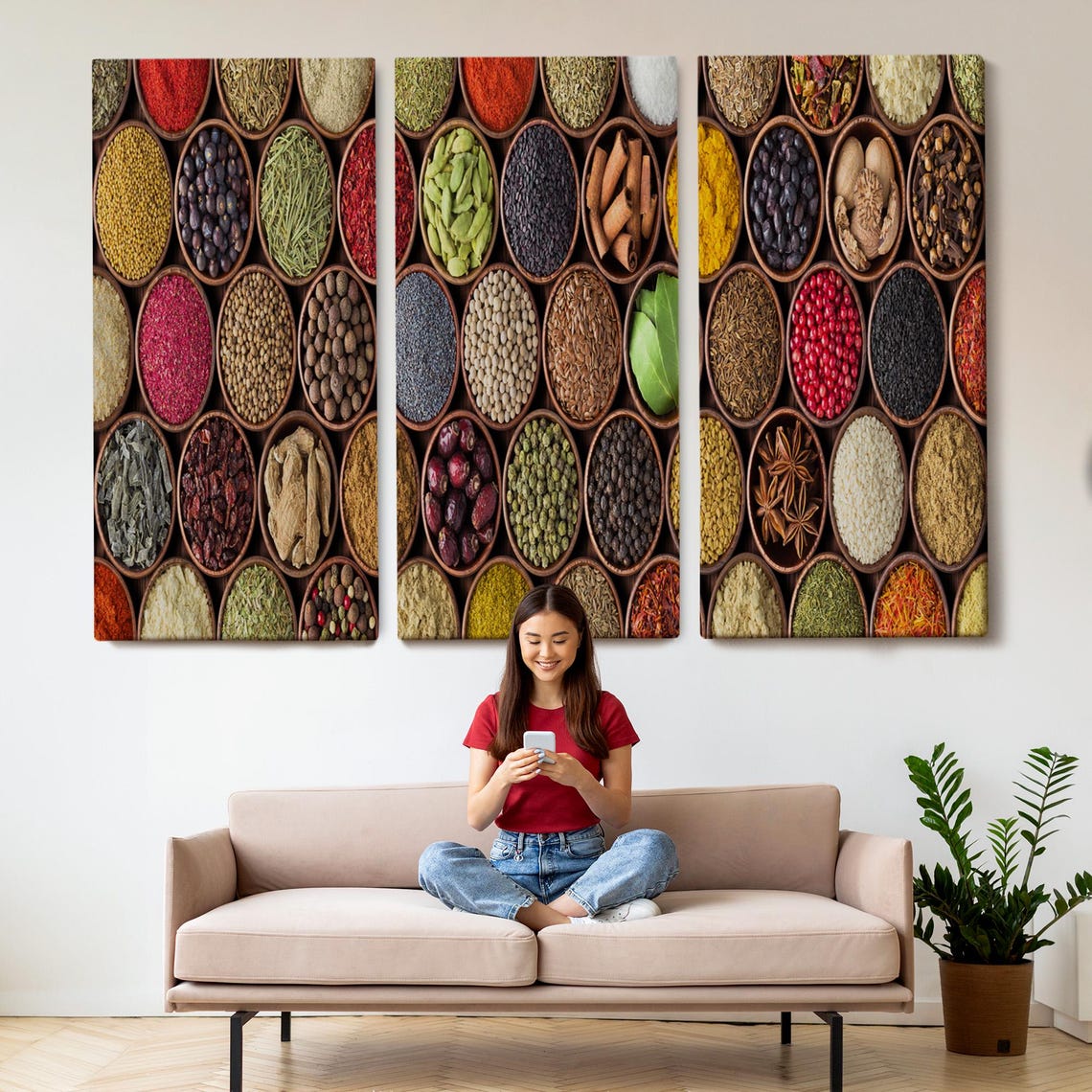 Assorted Spices Wooden Bowls Grid Pattern Kitchen Decor Wall Art - Image 2