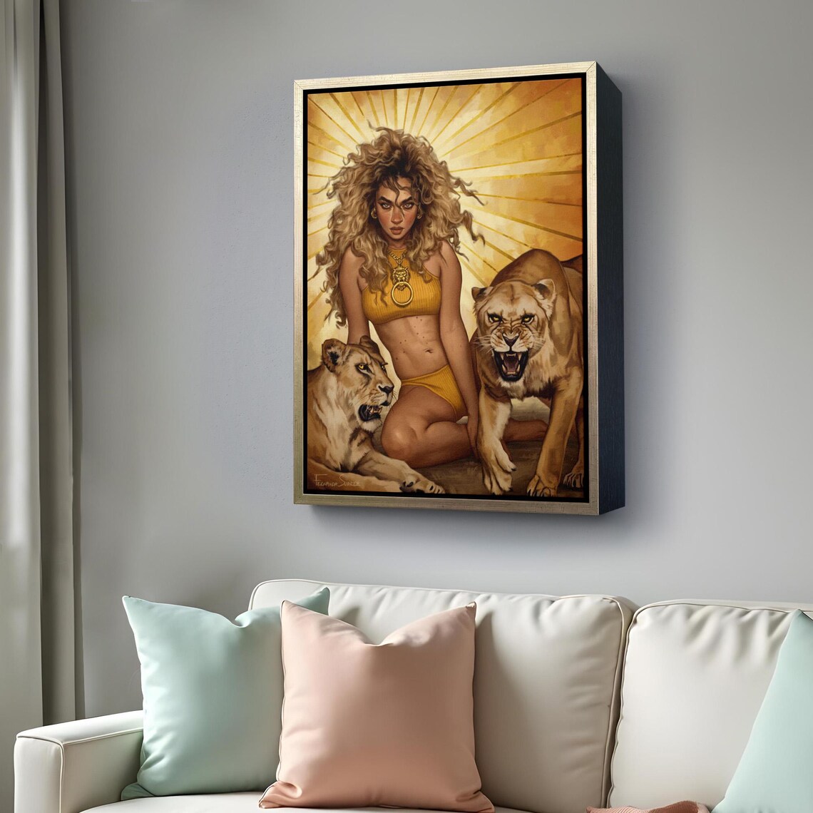 Fierce Wild Woman with Lions Golden Sunburst Powerful Feminine Wall Art - Image 4
