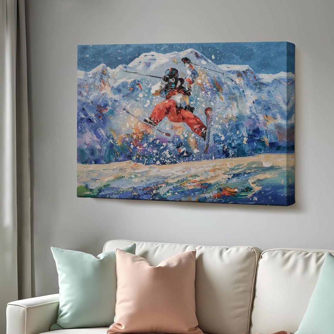 Freestyle Skier Jumping Snow Mountain Action Sport Painting Poster