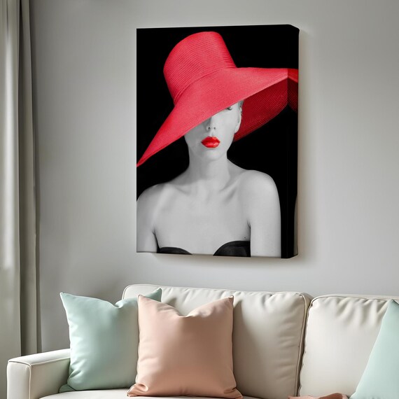 Woman Red Sun Hat Red Lips Black White Fashion Photography Wall Art Poster