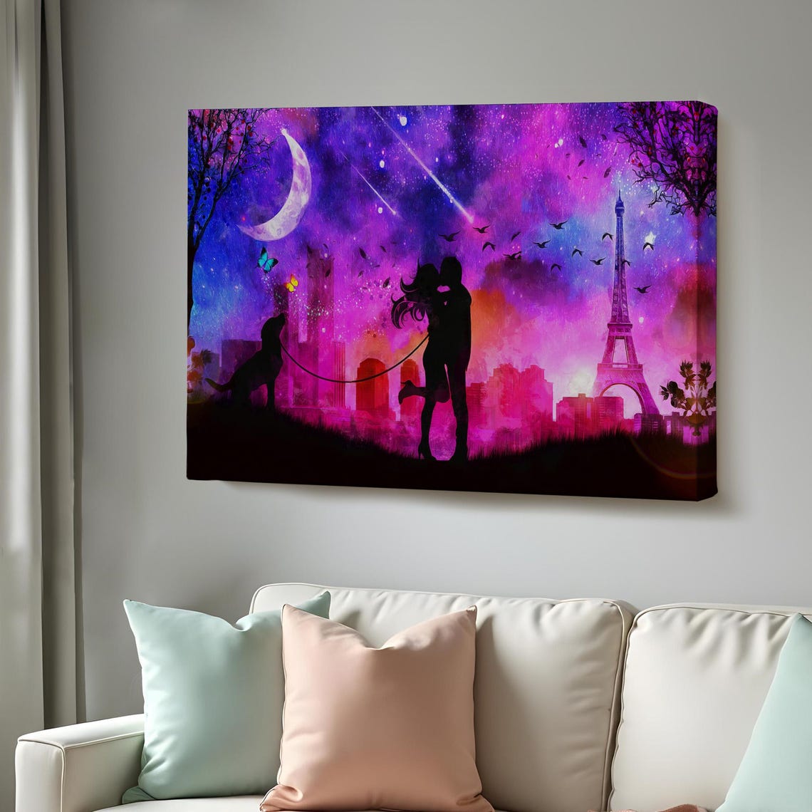 Romantic Couple Eiffel Tower Kiss Paris Night Galaxy Sky Poster