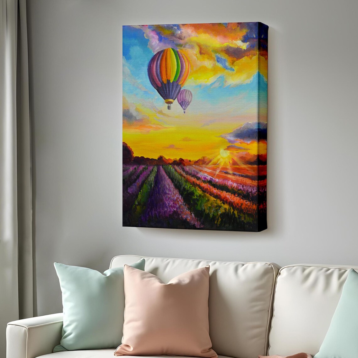 Hot Air Balloon Over Lavender Field Sunset Oil Painting Travel Poster
