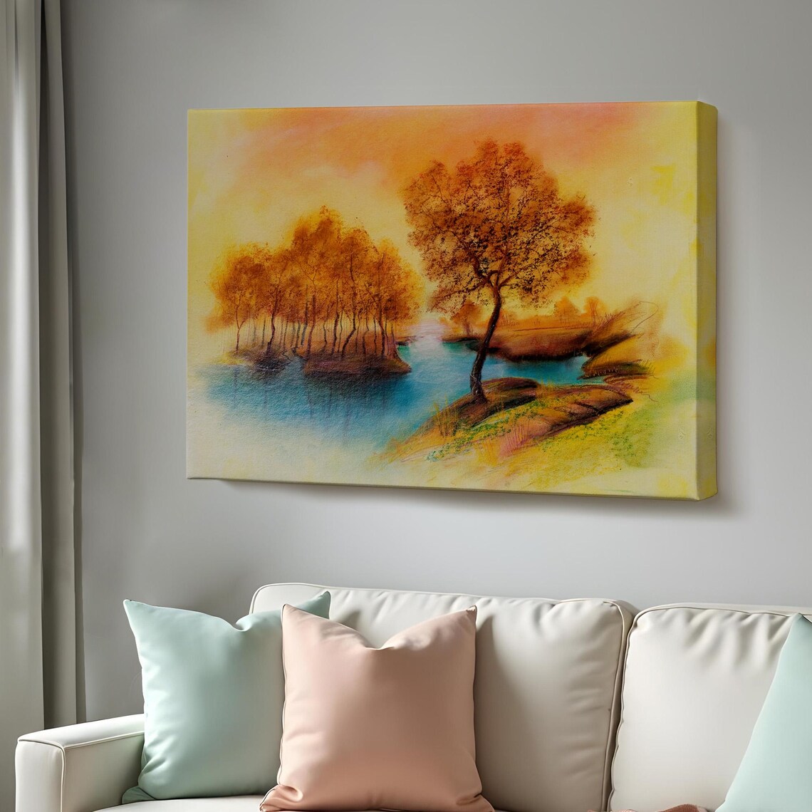 Golden Autumn Trees Lakeside Water Reflection Watercolor Sunset Poster