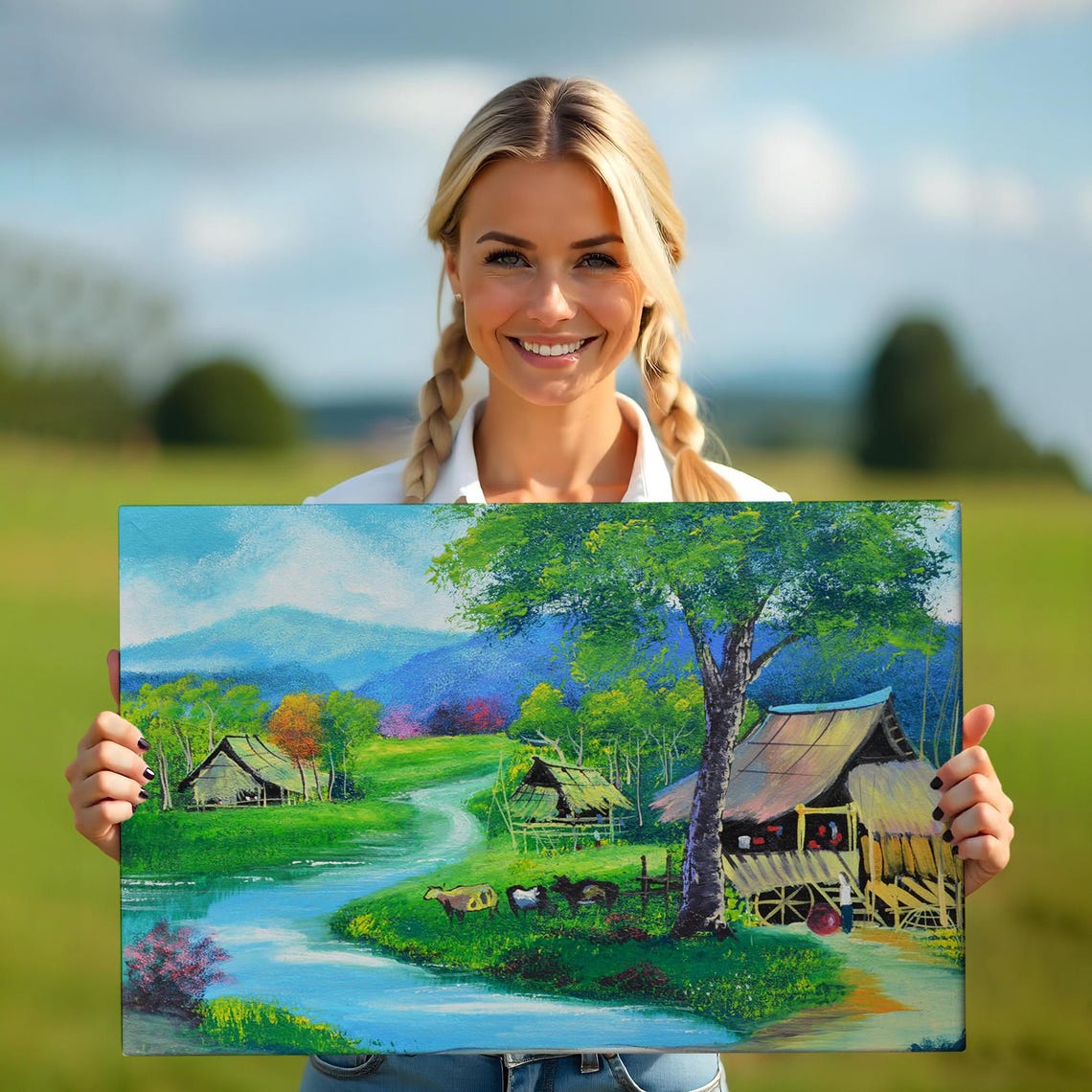Tropical Village River Huts Mountains Cows Pasture Landscape Poster - Image 5