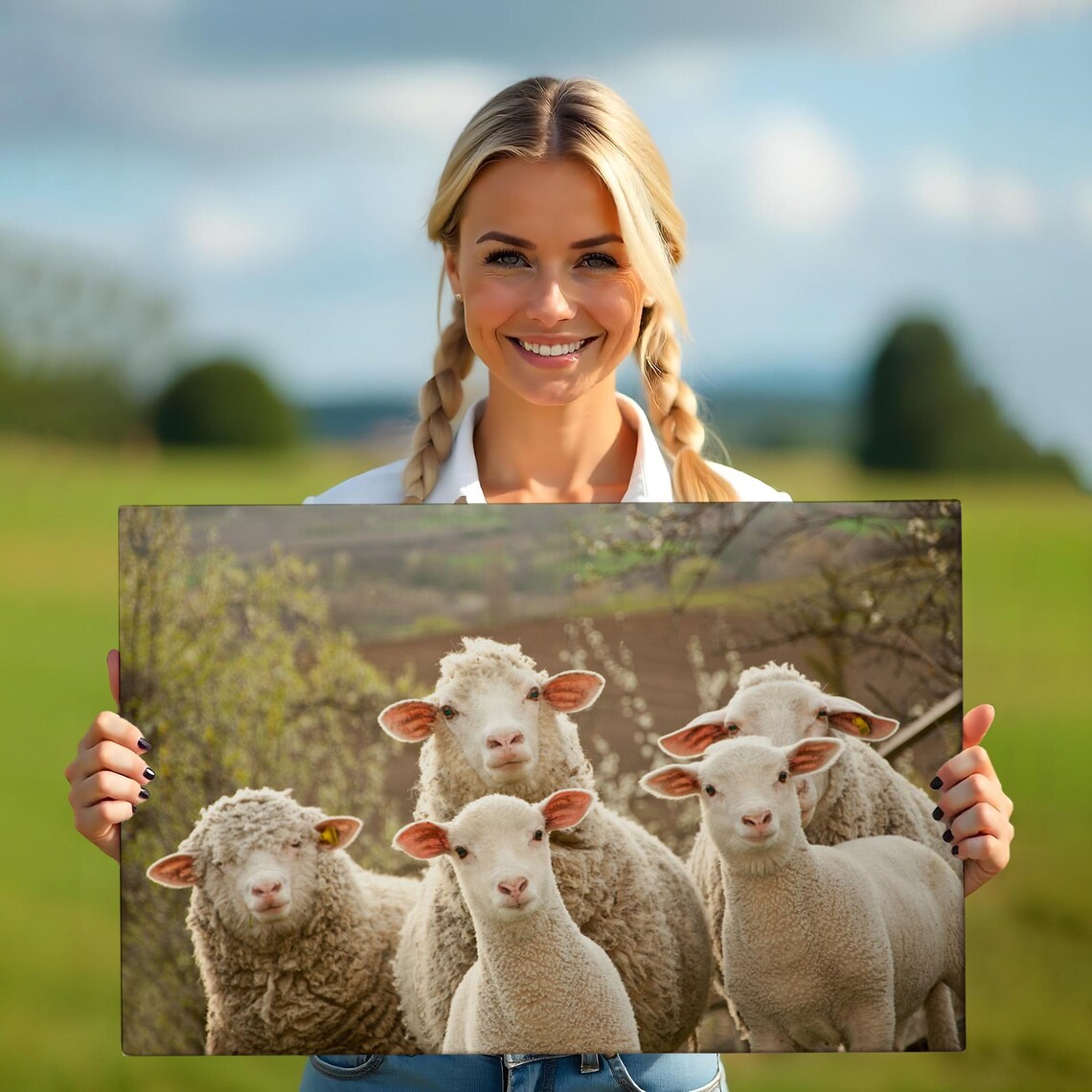 Flock Of Sheep And Lambs Looking At Camera Spring Pasture Photo Poster - Image 5