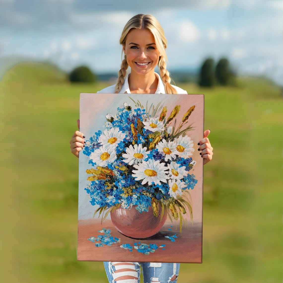 White Daisies Blue Cornflowers Terracotta Vase Still Life Art Poster - Image 5