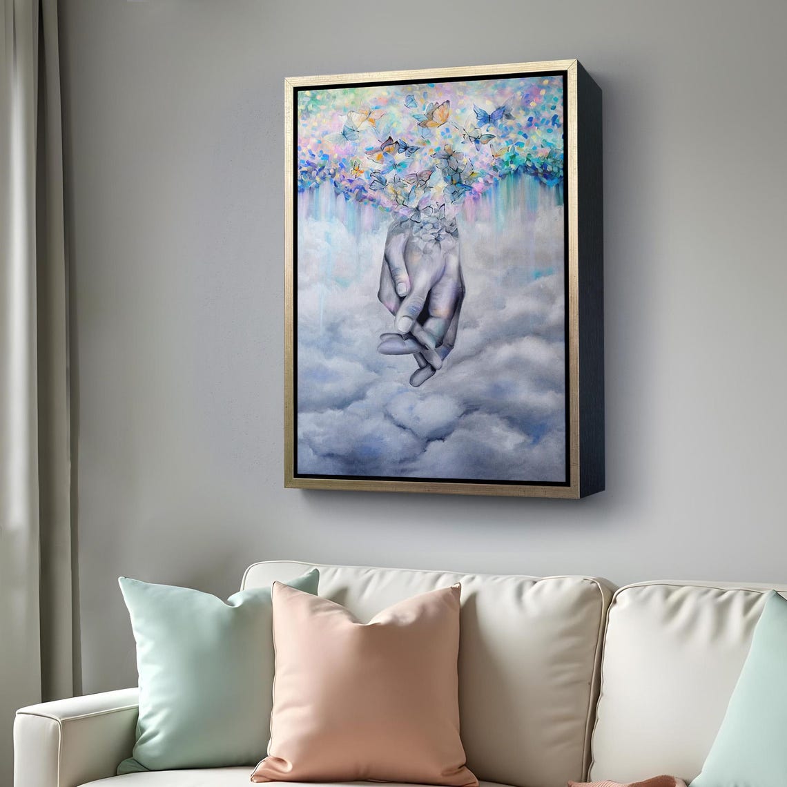 Surreal Hand Releasing Butterflies Dreamy Clouds Pastel Art Poster - Image 4