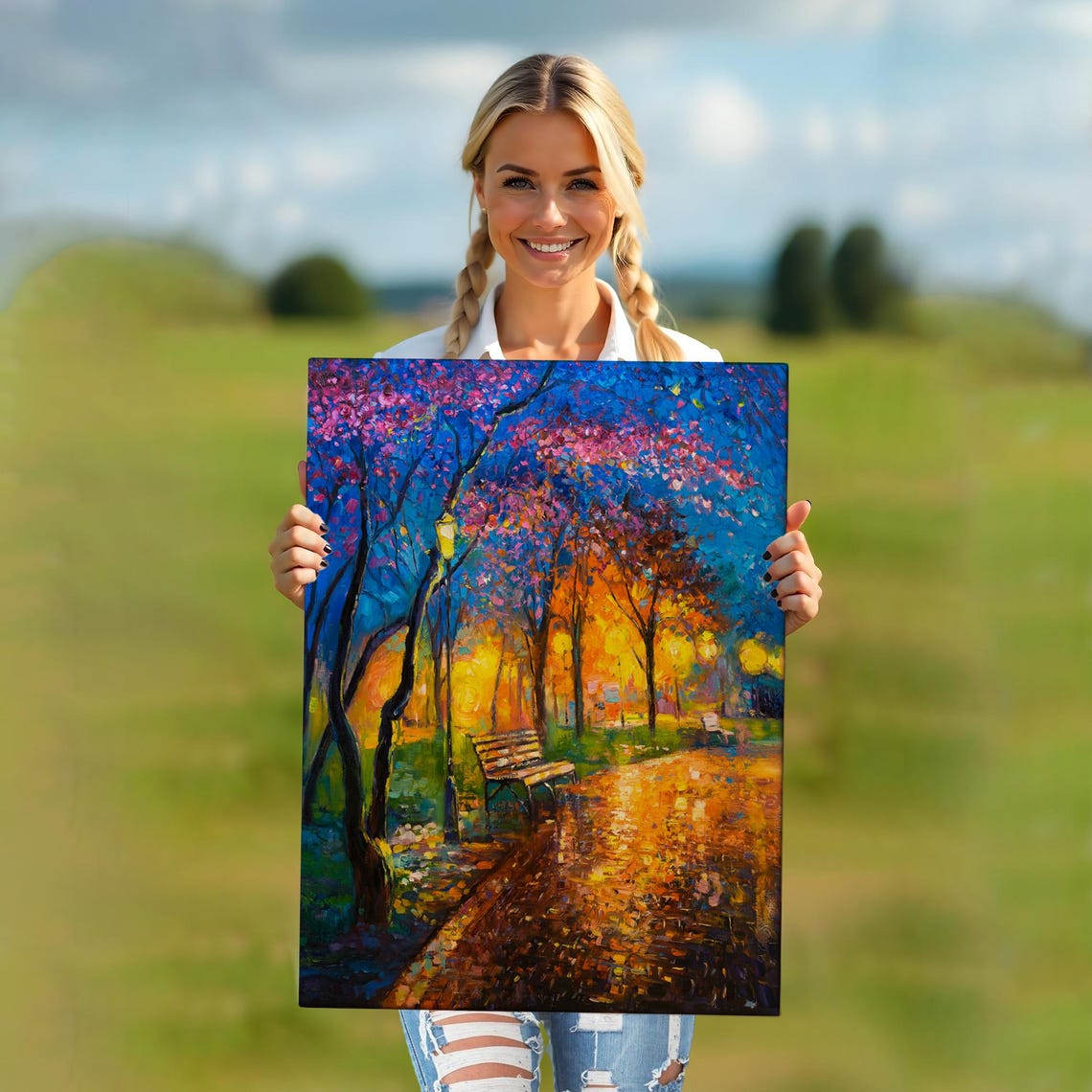 Night Park Glowing Lamplights Path Colorful Trees Painting Poster - Image 5