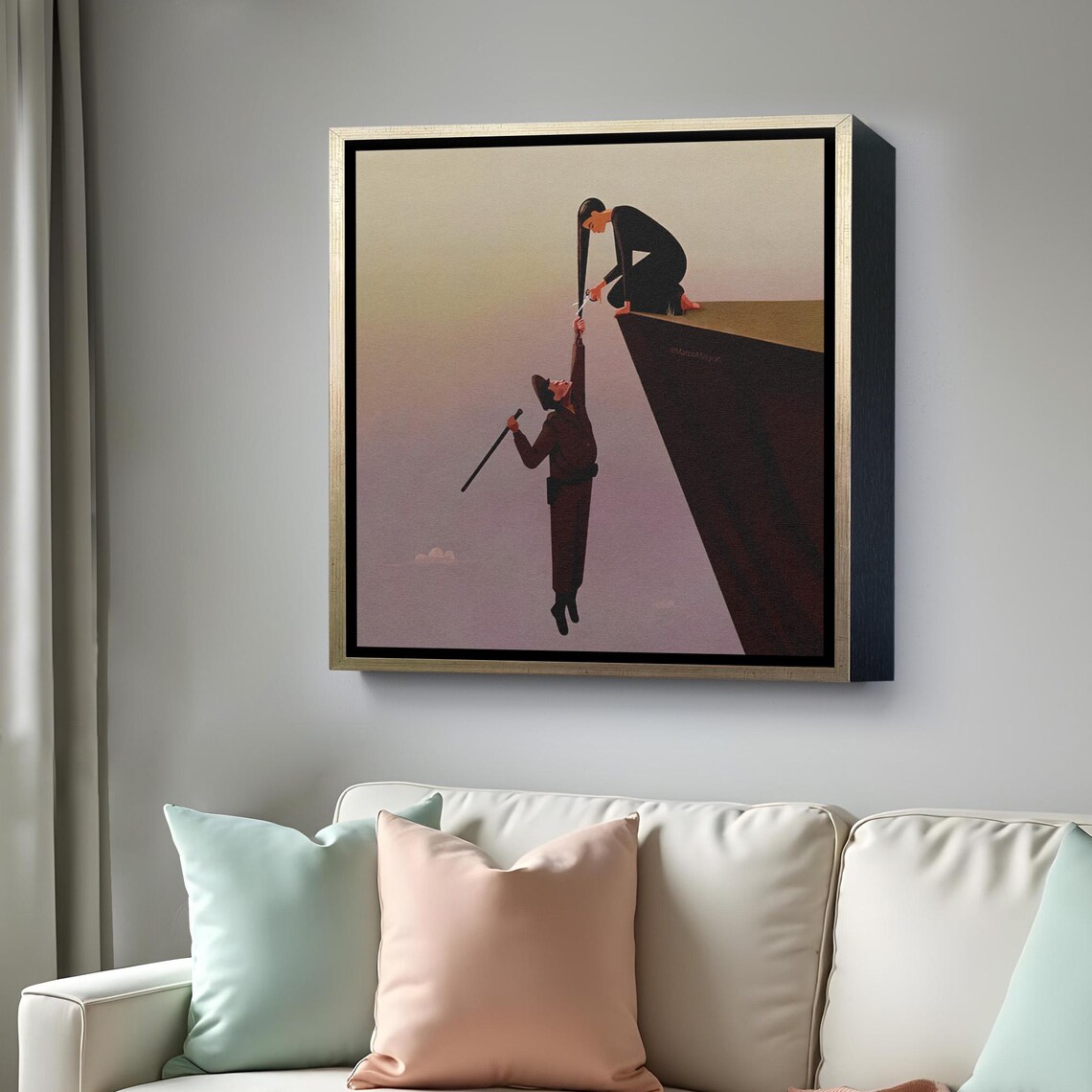 Woman Helping Man Climb Cliff Edge Conceptual Minimalist Art Poster - Image 4