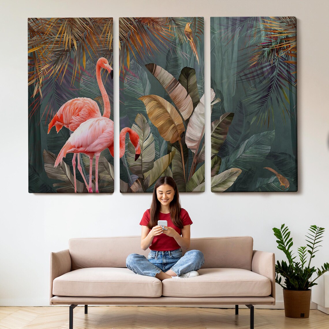 Pink Flamingos Tropical Jungle Palm Leaves Exotic Nature Wall Poster - Image 2