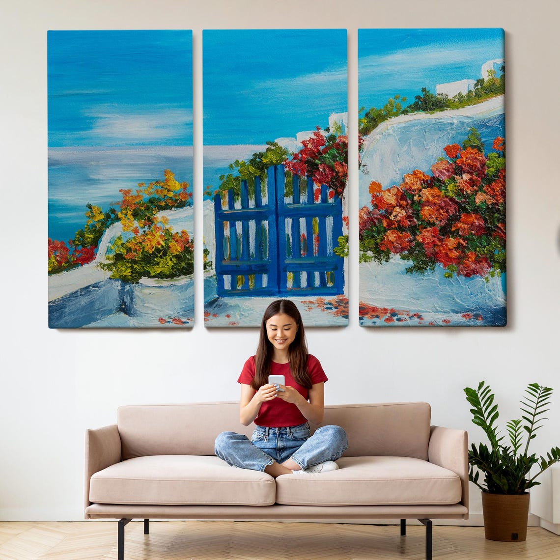 Greek Island Blue Door Whitewashed Wall Bougainvillea Sea View Poster - Image 2