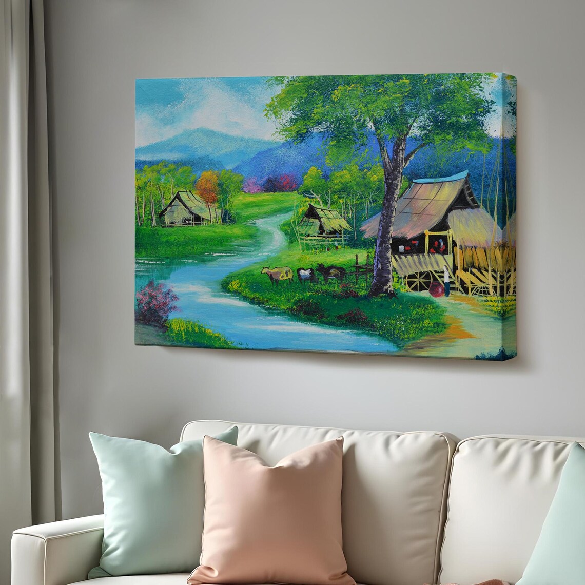 Tropical Village River Huts Mountains Cows Pasture Landscape Poster