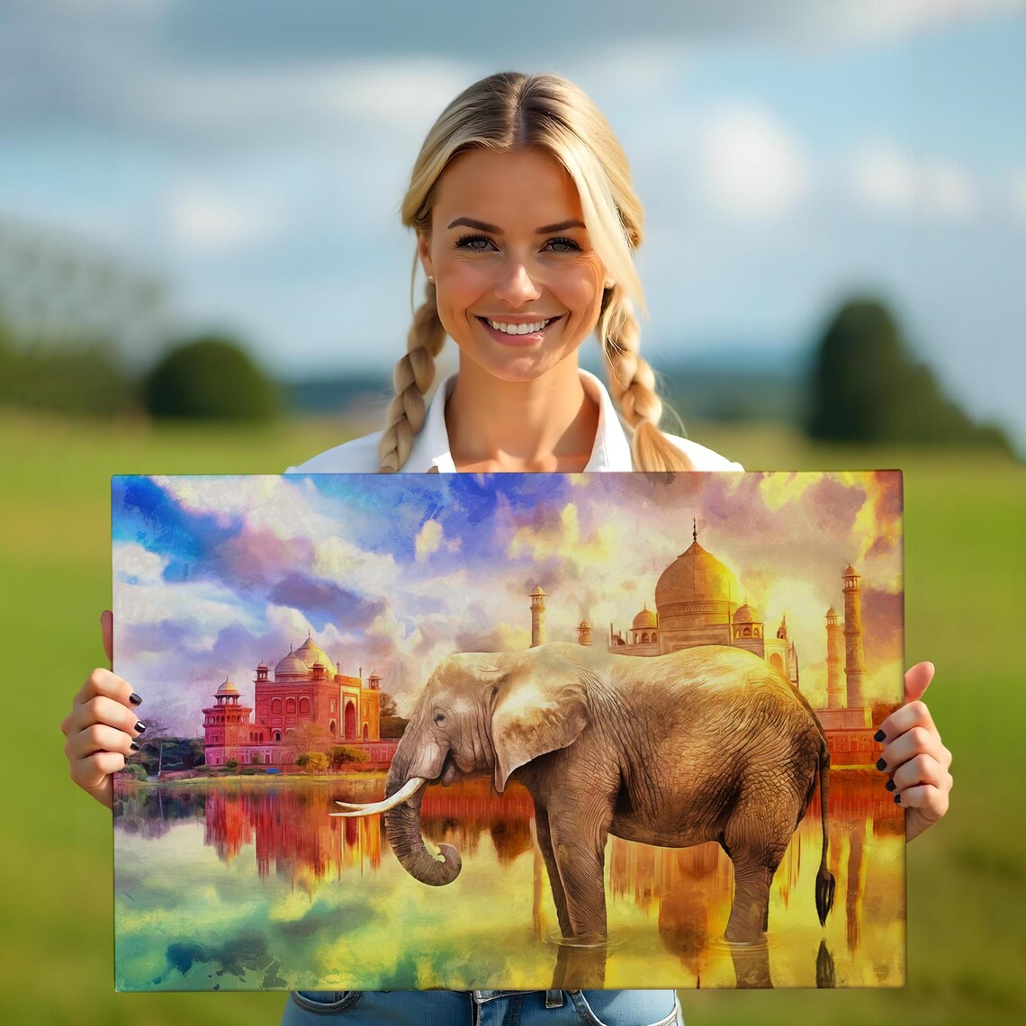 Elephant Taj Mahal India Sunset Watercolor Landmark Art Print - Image 5